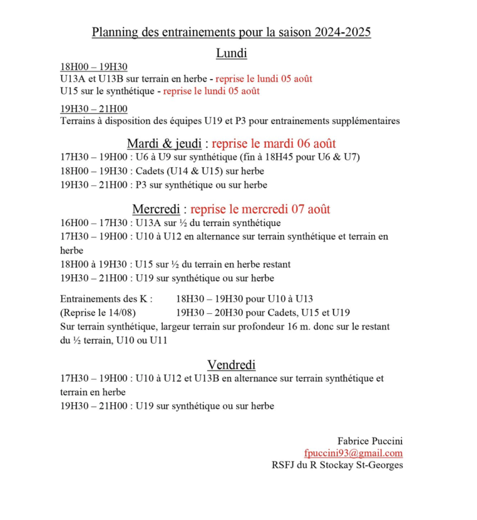 Planning des entraînements de l'Adadémie