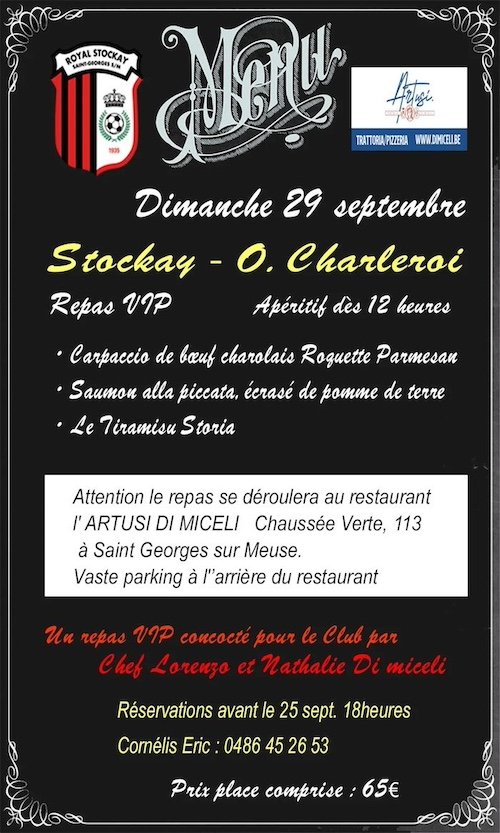 Stockay Charleroi repas d'avant match le 29 septembre 2024